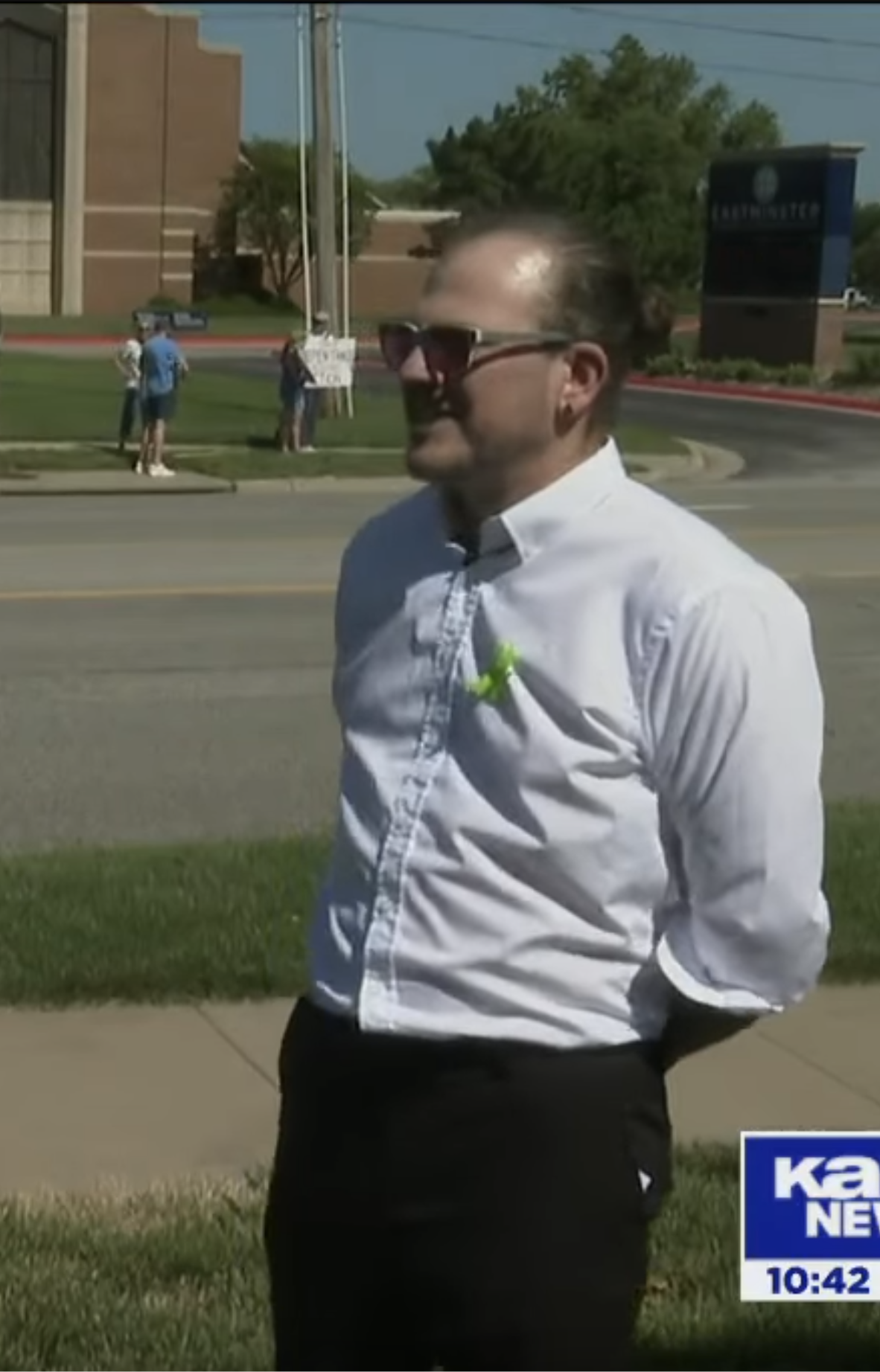 Tyson Stuart speaking to KAKE News at Eastminster Presbyterian Church protest